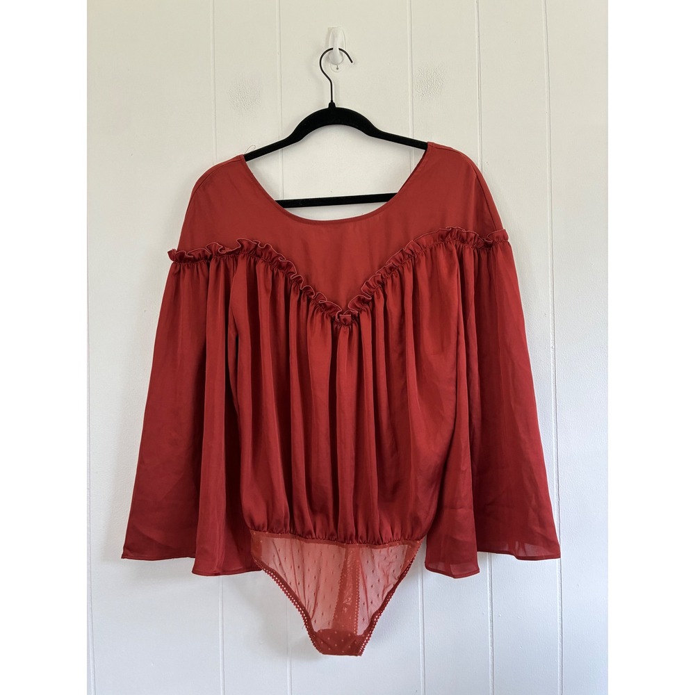 NWT Free People Intimately Cherry Chai Ruffle Bell Sleeve Bodysuit Size S